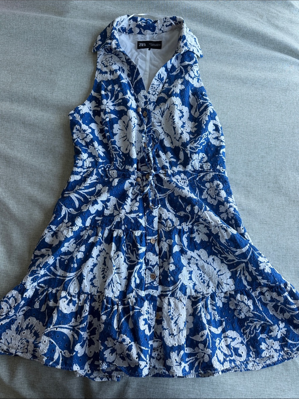 Zara Navy Blue & White Floral Tie-Waist Shirt Dress